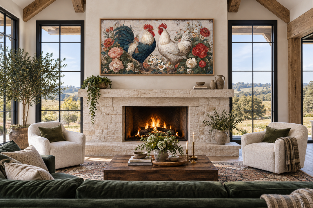 Two roosters rustic farmhouse wall art with floral accents above a stone fireplace in a living room.