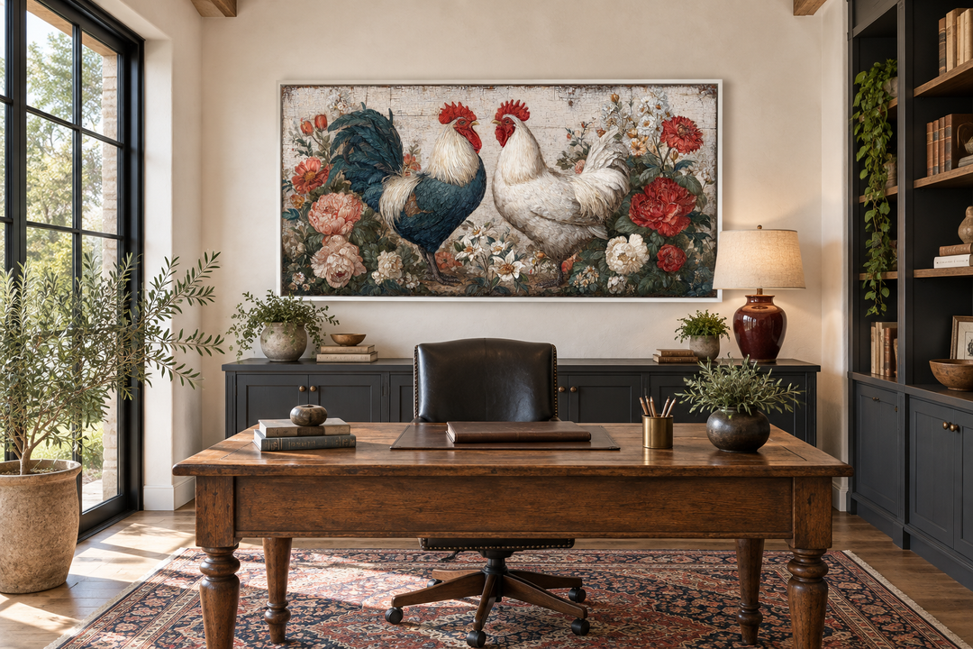Rustic farmhouse wall art featuring two roosters and flowers above a wooden desk in a home office.