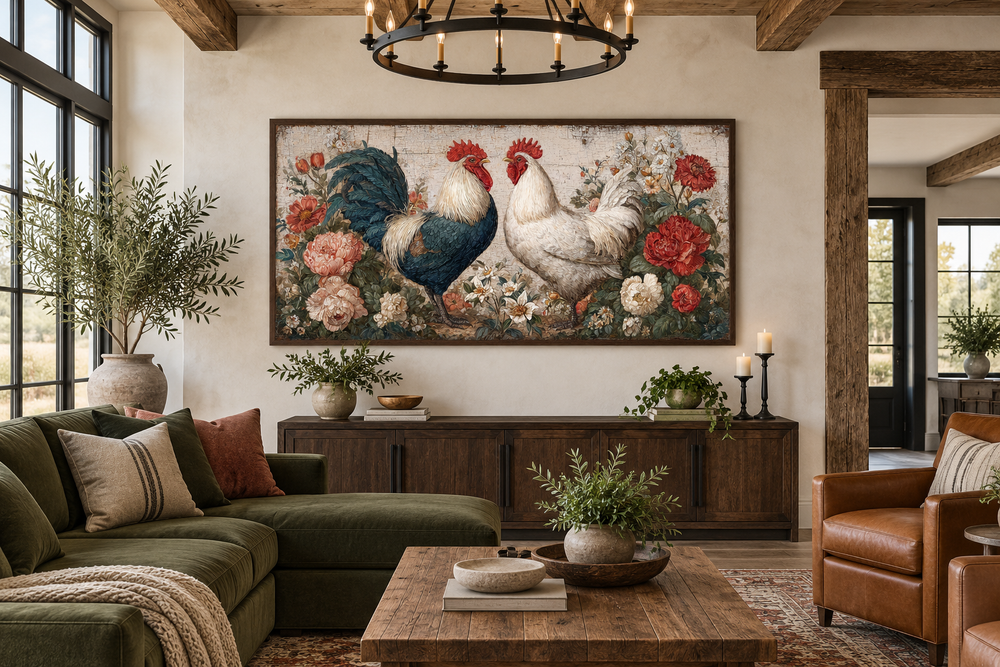 Large horizontal wall art of two roosters and flowers in a rustic farmhouse living room.