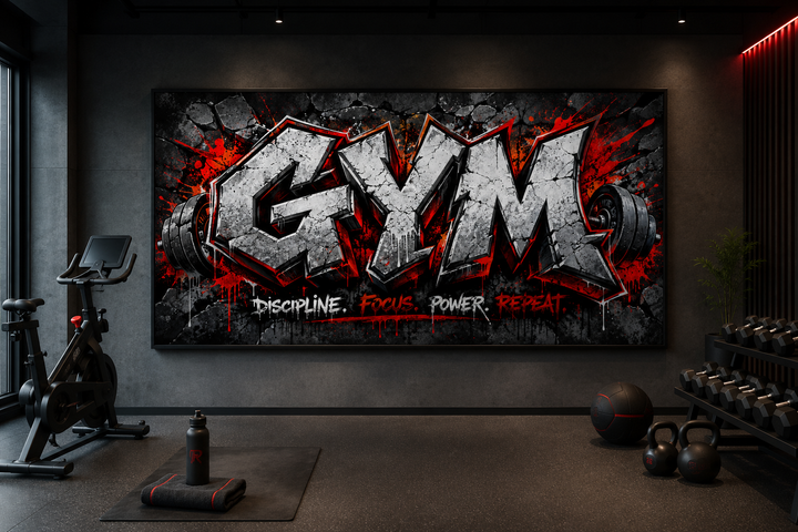 Graffiti gym wall art with Discipline Focus Power Repeat text in a modern home gym setting.