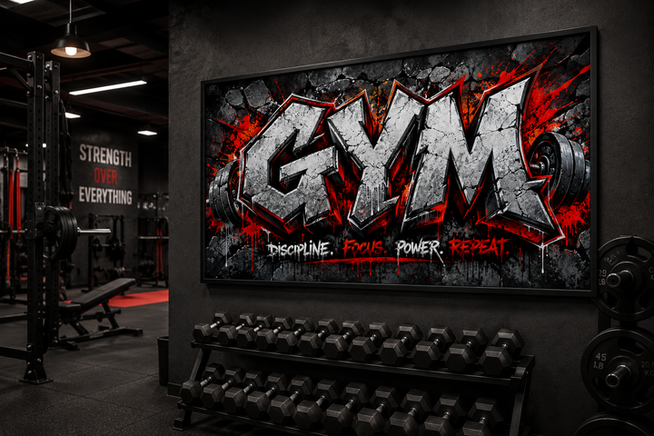 Graffiti gym wall art with GYM, Discipline, Focus, Power, and Repeat text in a dark fitness studio.