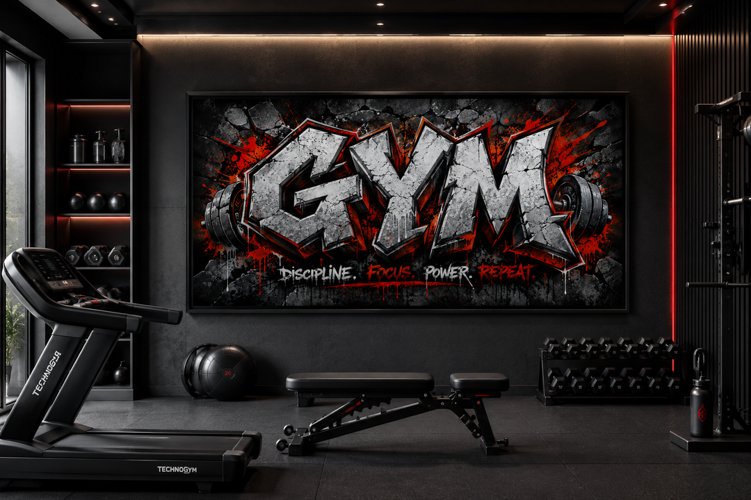 Graffiti gym wall art with "GYM" and "Discipline Focus Power Repeat" in a modern home gym setting.