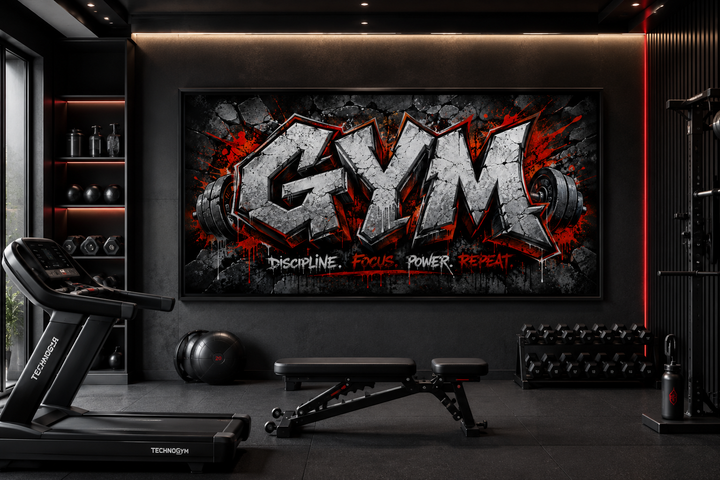 Graffiti gym wall art with "GYM" and "Discipline Focus Power Repeat" in a modern home gym setting.