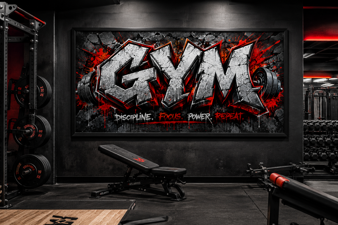 Graffiti gym wall art with Discipline, Focus, Power, Repeat text above a weight bench.