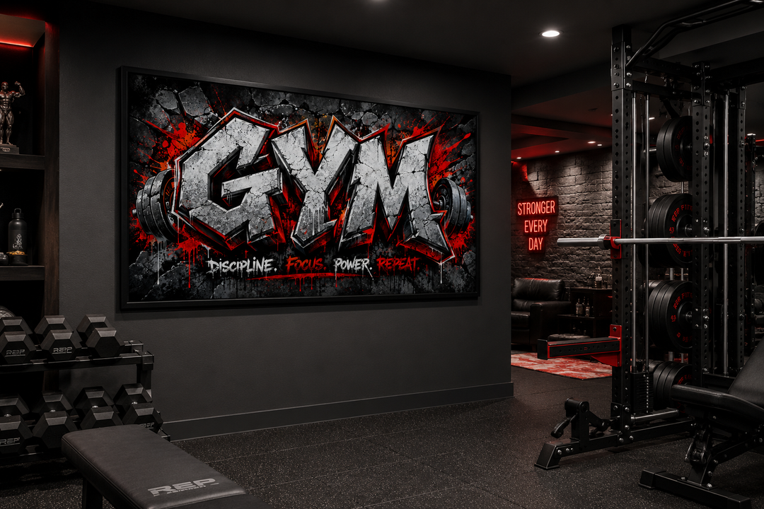 Graffiti gym wall art with motivational words in a dark home gym with weights and equipment.