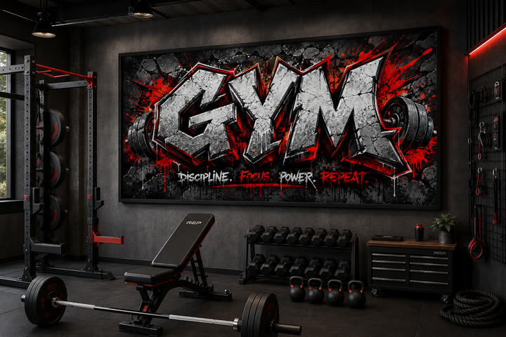Typography graffiti gym sign with Discipline, Focus, Power, Repeat on a dark gym wall.