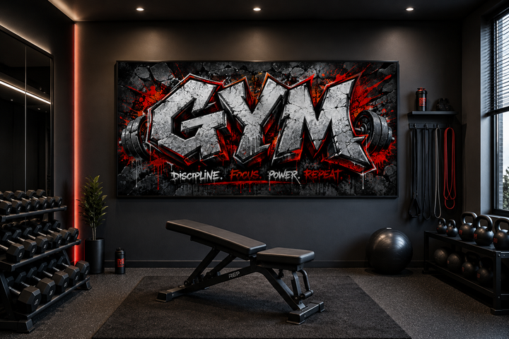 Typography graffiti gym sign with motivational words in a modern home gym setting.