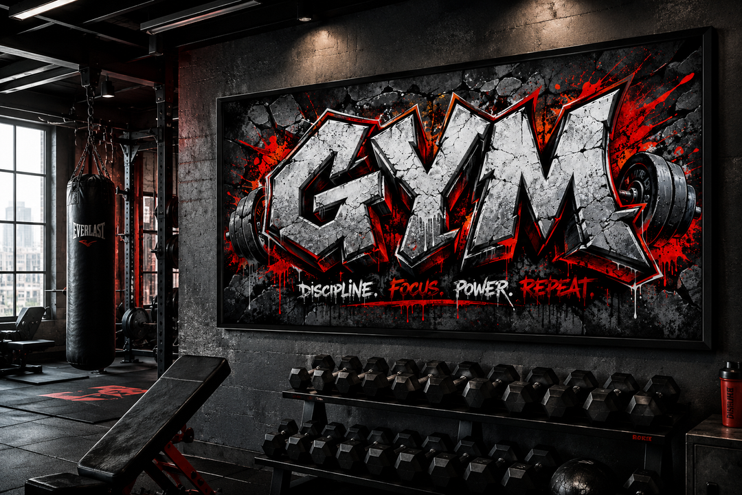 Graffiti gym wall art with words Discipline, Focus, Power, Repeat in a dark industrial gym setting.