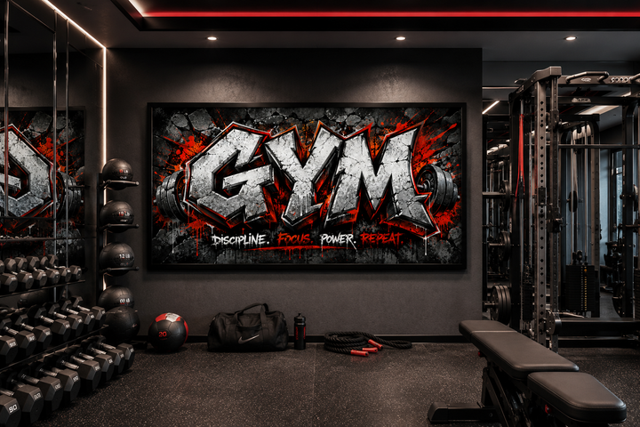 Graffiti gym wall art with Discipline, Focus, Power, Repeat text in a dark modern fitness studio.
