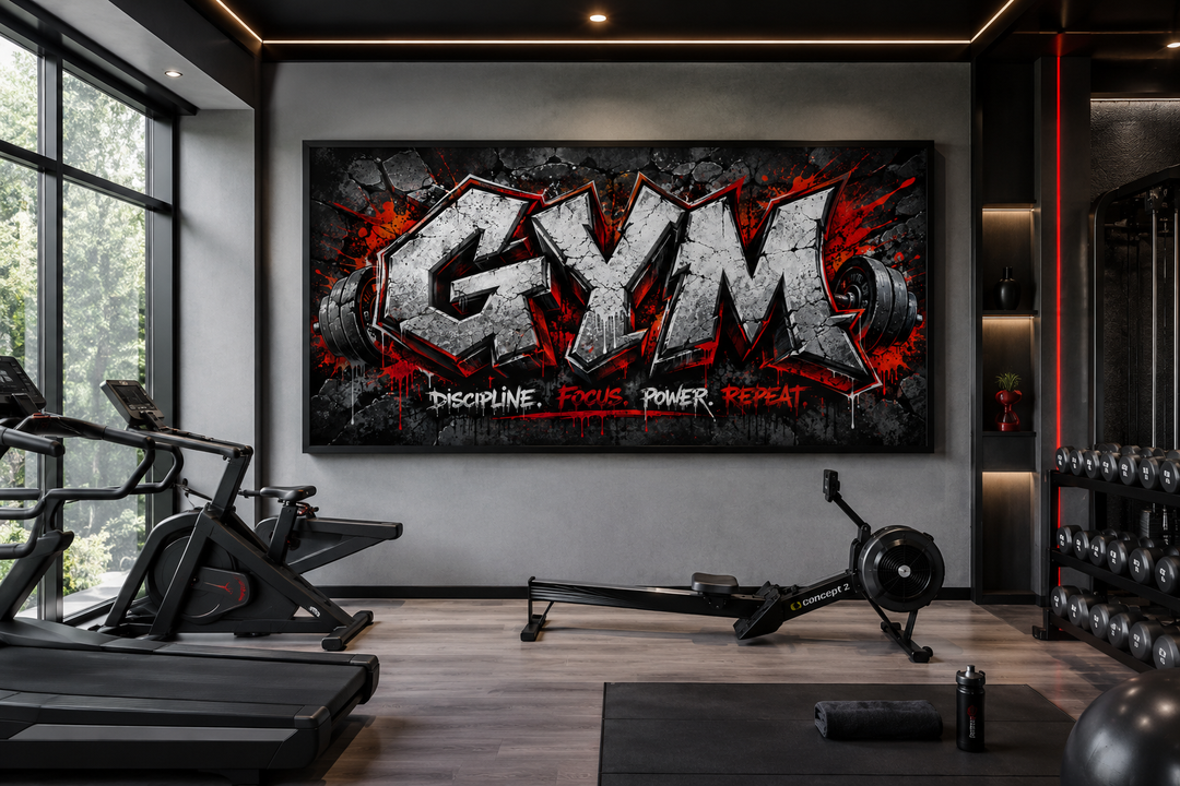 Graffiti gym wall art with 'Discipline Focus Power Repeat' text in a modern home gym setting.