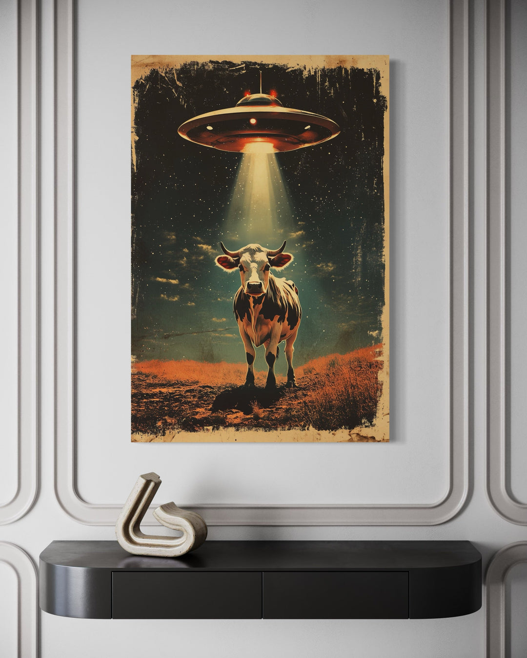 UFO Cow Abduction Retro Framed Canvas Wall Art