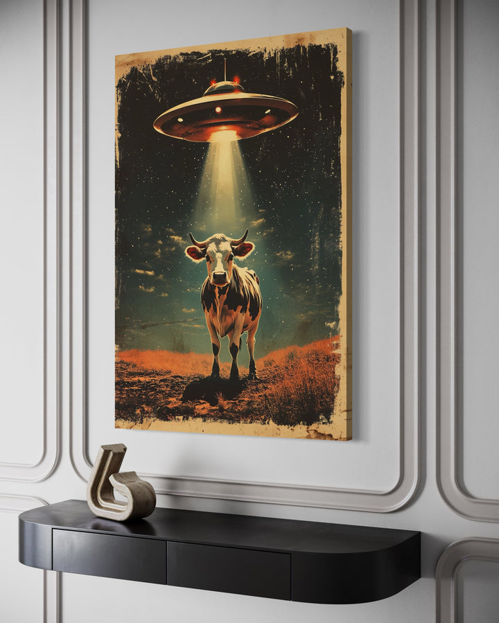 UFO Cow Abduction Retro Framed Canvas Wall Art