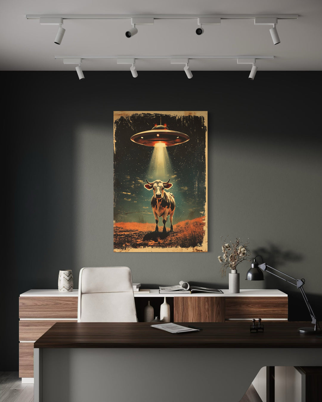 UFO Cow Abduction Retro Framed Canvas Wall Art