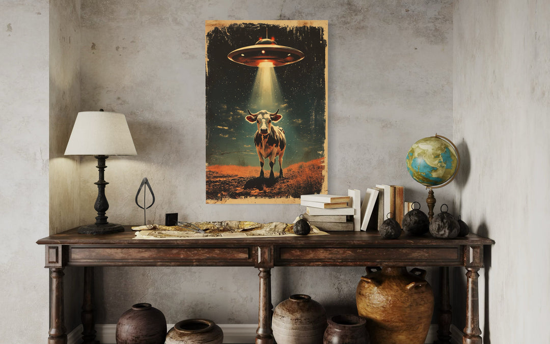 UFO Cow Abduction Retro Framed Canvas Wall Art