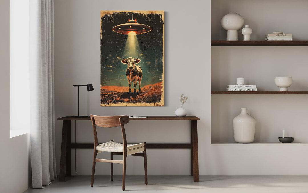 UFO Cow Abduction Retro Framed Canvas Wall Art