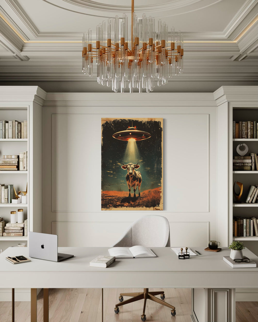 Retro UFO cow abduction framed canvas wall art hanging in a modern white office above a desk.