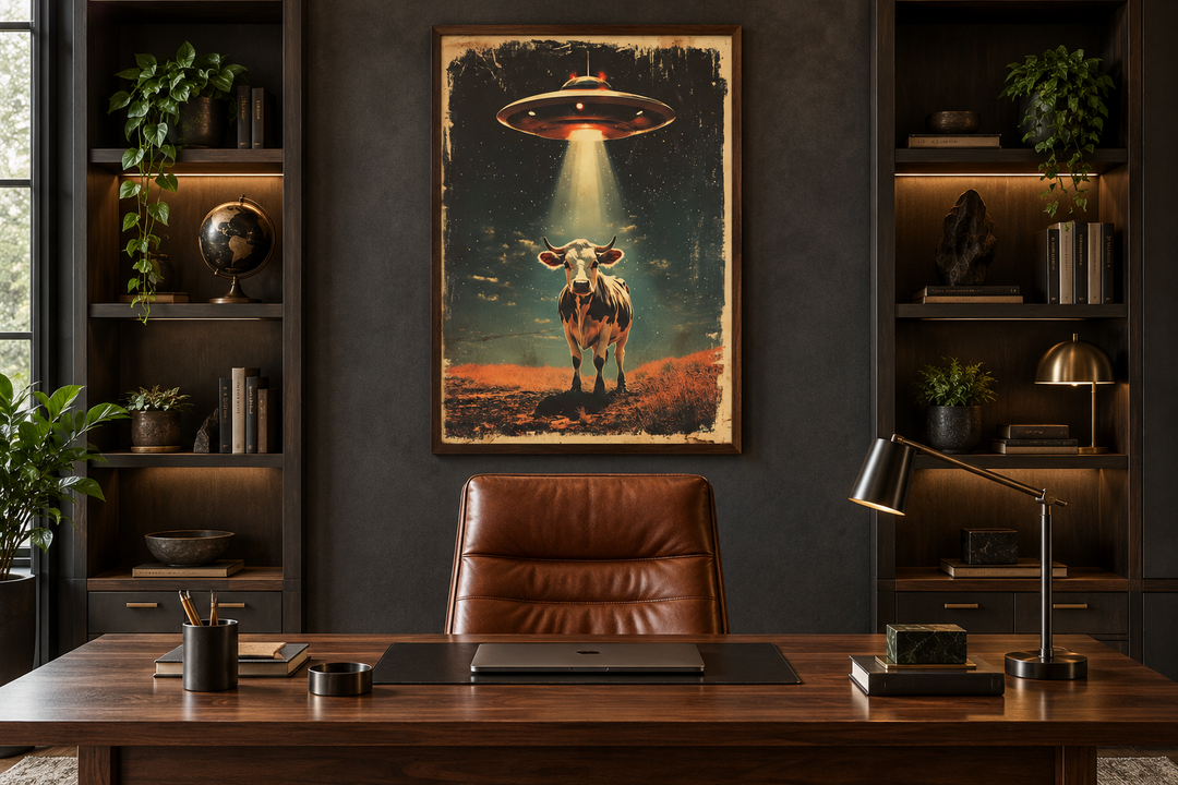 Retro UFO cow abduction framed canvas wall art centered above a desk in a dark wood office.