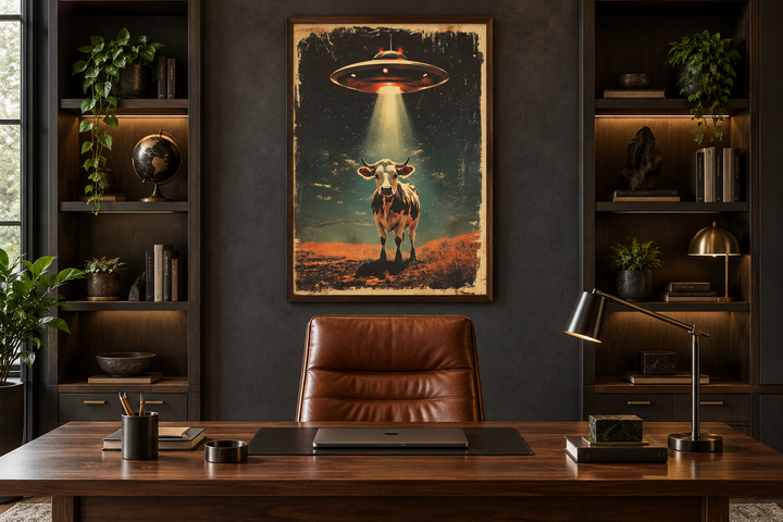 Retro UFO cow abduction framed canvas wall art centered above a desk in a dark wood office.
