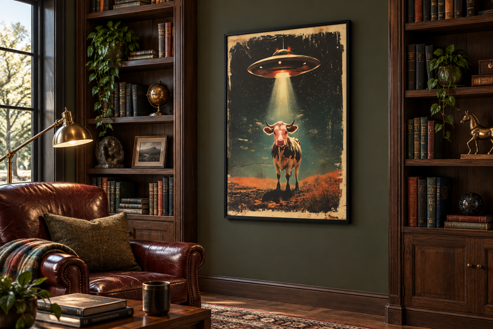 Retro framed canvas wall art of a UFO abducting a cow, hanging in a dark green office setting.
