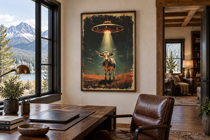 Retro framed canvas wall art of a UFO abducting a cow, hanging in a rustic home office.