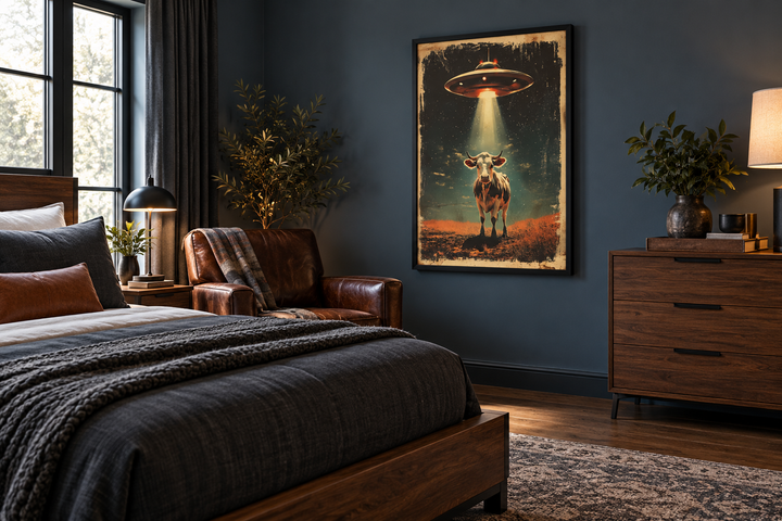 Retro framed canvas wall art featuring a UFO abducting a cow in a dark, moody bedroom setting.