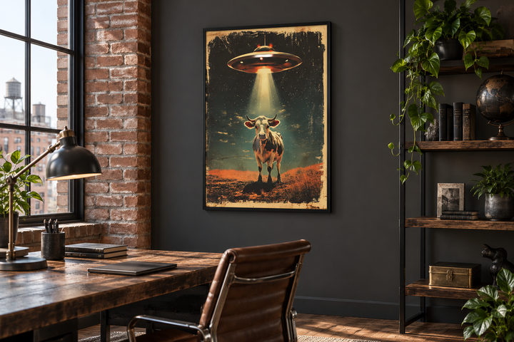 Retro UFO cow abduction framed canvas wall art in a dark-walled office with industrial furniture.