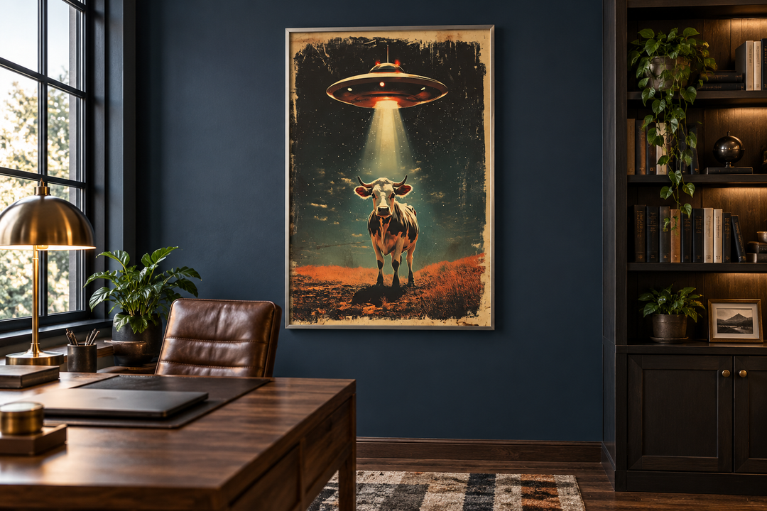 Retro UFO cow abduction framed canvas wall art hanging in a dark blue office above a wooden desk.