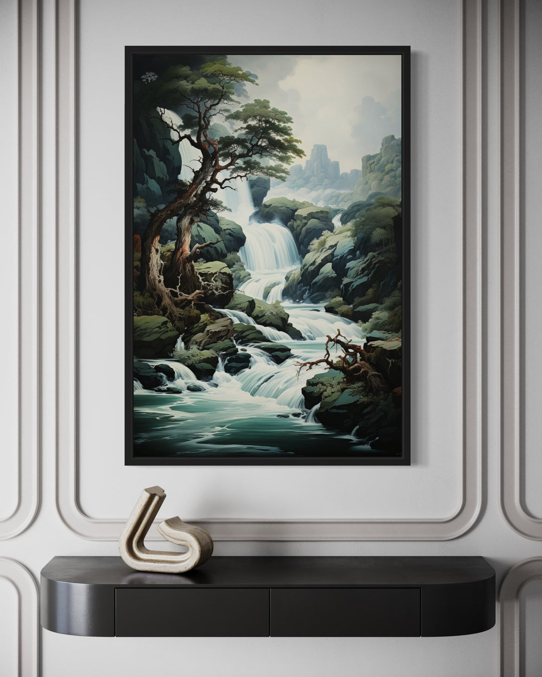 Ukioyo-E Style Waterfall Japanese Landscape Framed Canvas Wall Art