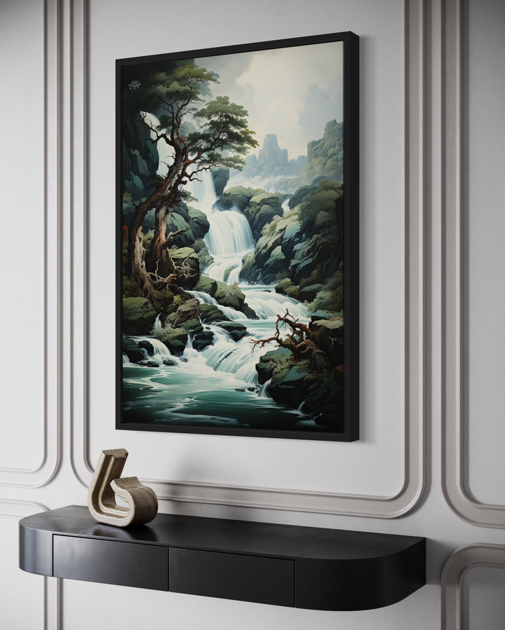 Ukioyo-E Style Waterfall Japanese Landscape Framed Canvas Wall Art