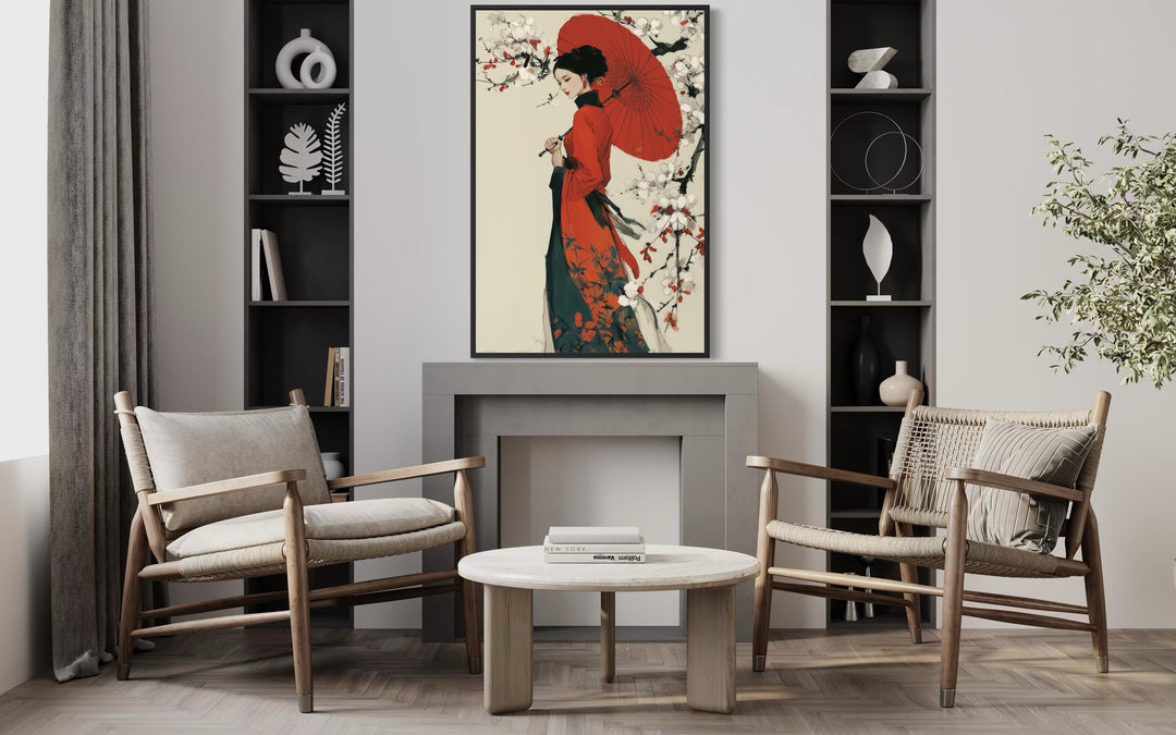 Ukiyo-e geisha wall art featuring a woman in a red kimono with a matching umbrella on canvas.
