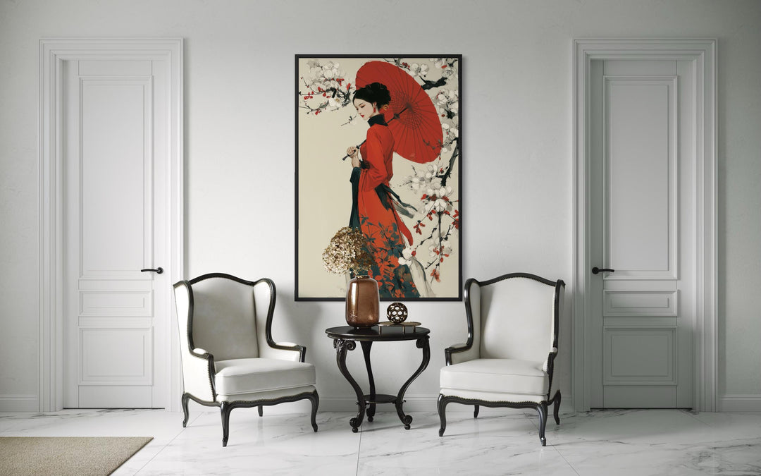 Ukiyo-e geisha wall art featuring a woman in a red kimono with a matching umbrella on canvas.