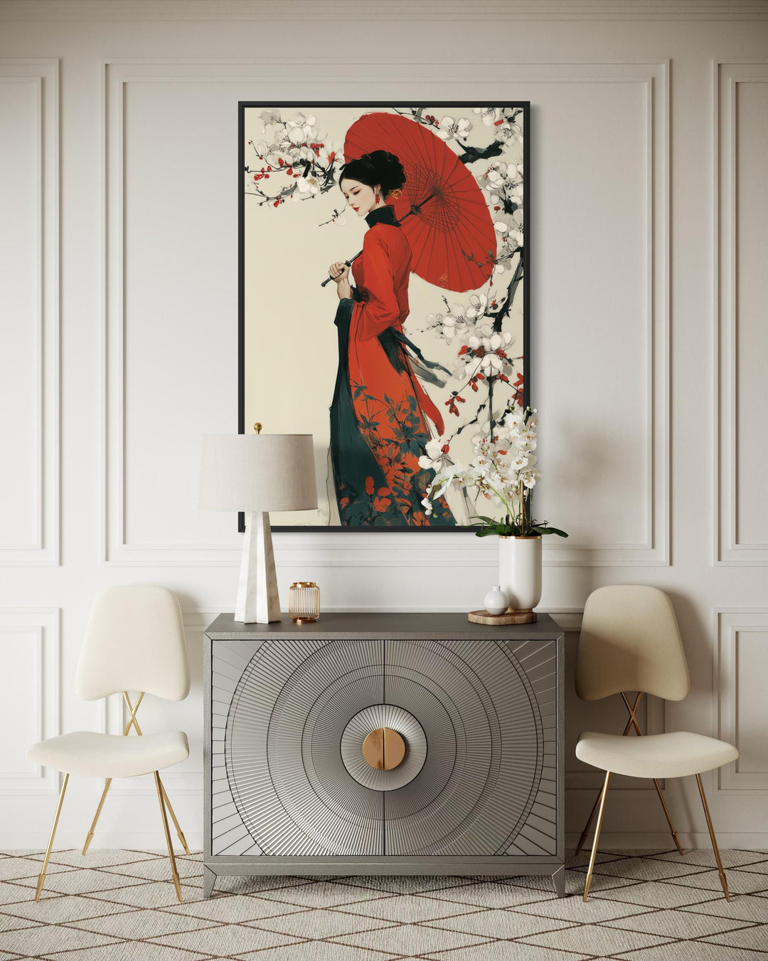 Vertical canvas print of a geisha with a red umbrella and kimono in a modern interior setting.