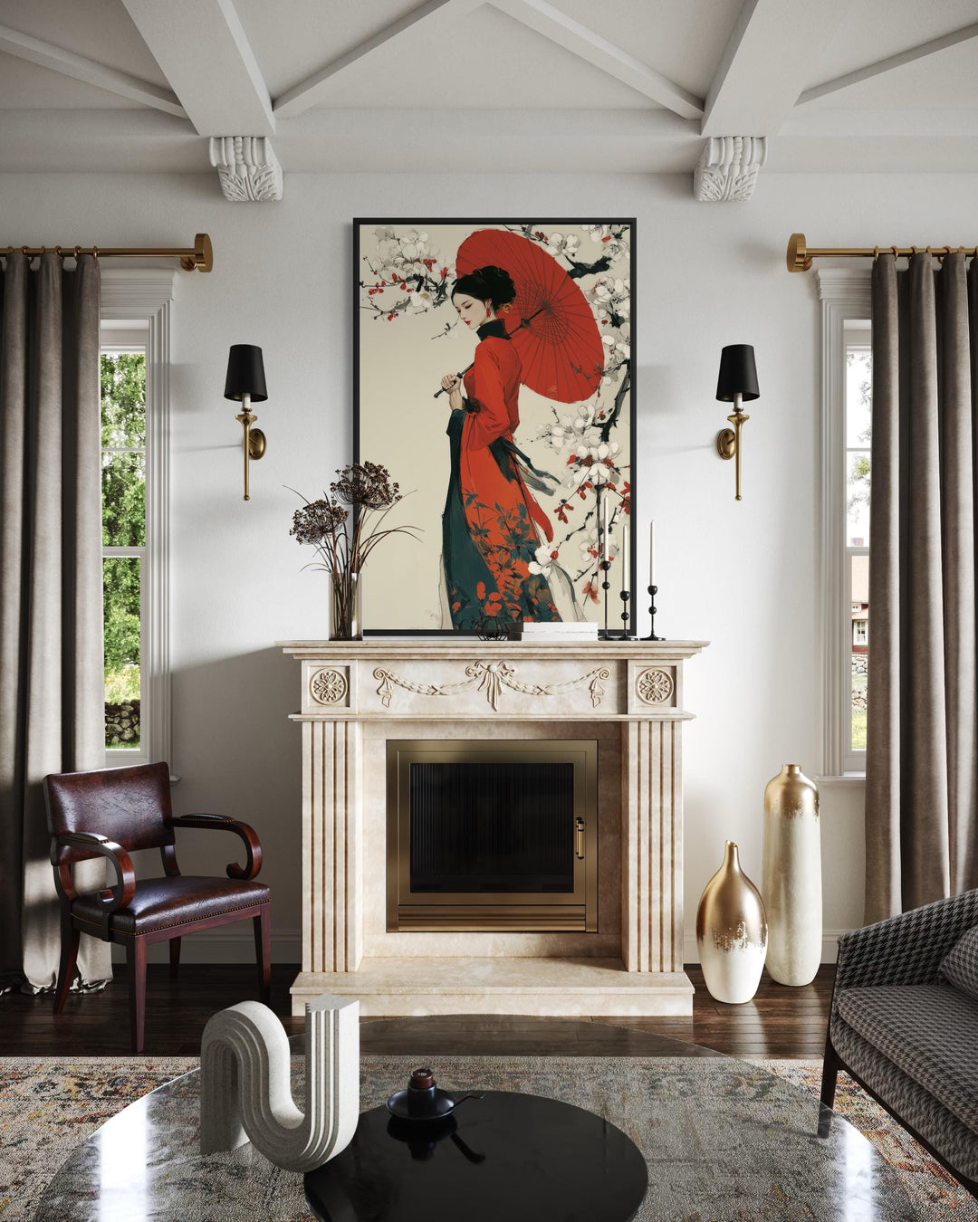 Ukiyo E Geisha wall art featuring a Japanese kimono painting with a red umbrella on canvas.