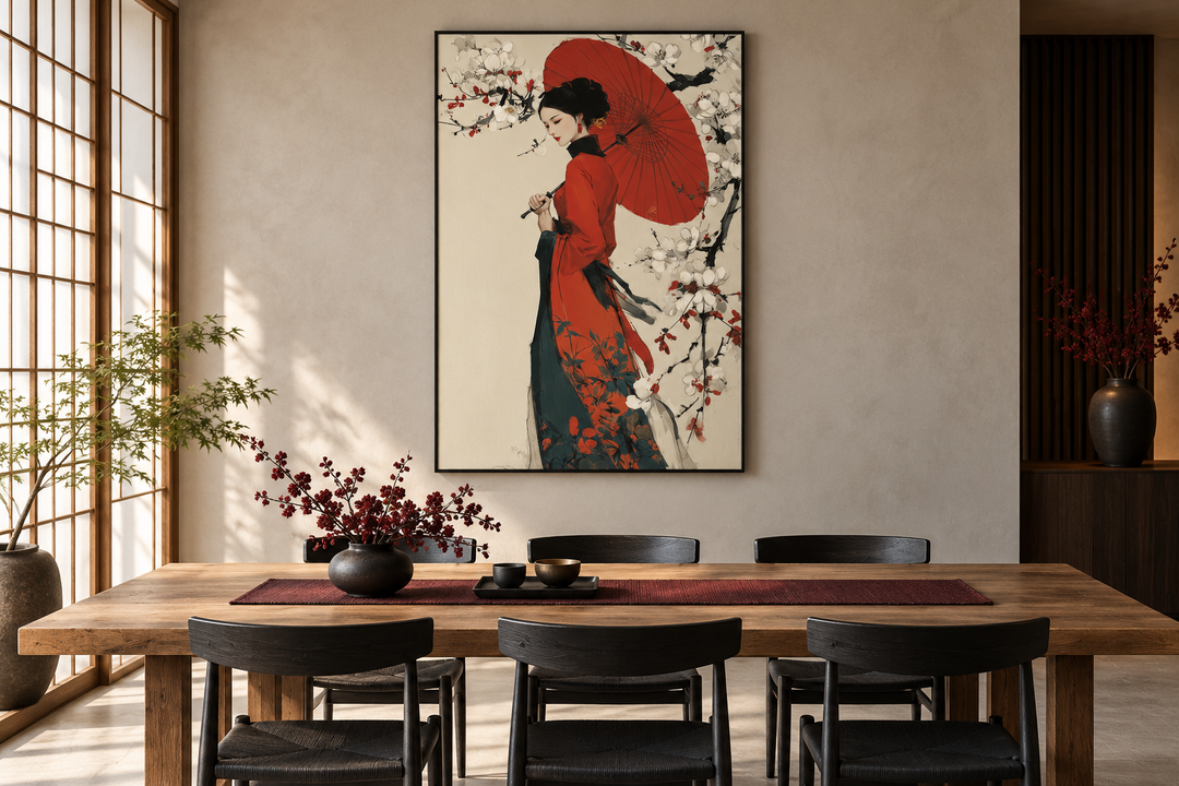 Ukiyo E Geisha wall art canvas print of a woman with a red umbrella in a Japanese dining room.