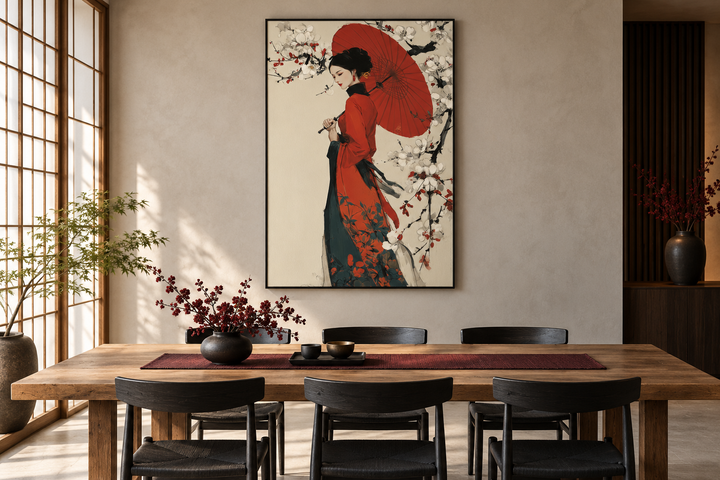 Ukiyo E Geisha wall art canvas print of a woman with a red umbrella in a Japanese dining room.