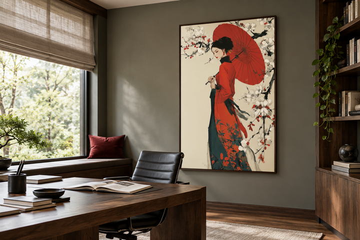 Ukiyo E Geisha wall art canvas print featuring a woman in a red kimono with a matching red umbrella.