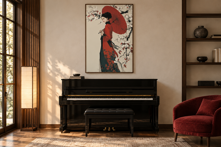 Ukiyo E Geisha wall art canvas print featuring a woman with a red umbrella above a black piano.
