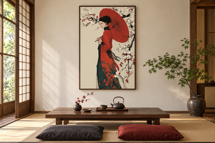 Ukiyo-e geisha wall art canvas print with a red umbrella in a Japanese-style tea room.