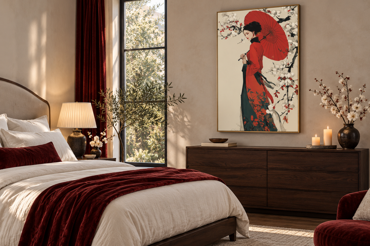 Ukiyo E Geisha wall art canvas print featuring a woman with a red umbrella in a modern bedroom.