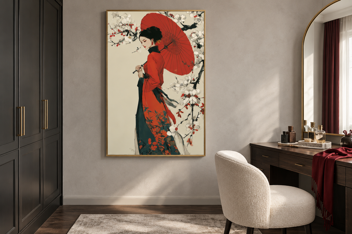 Ukiyo E Geisha wall art canvas print featuring a woman in a red kimono with a red umbrella.