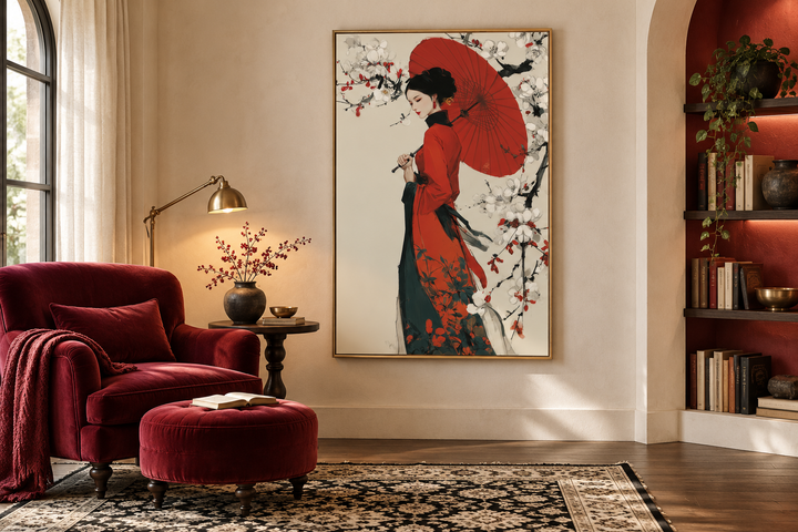 Ukiyo E Geisha wall art canvas print featuring a woman with a red umbrella in a cozy reading room.