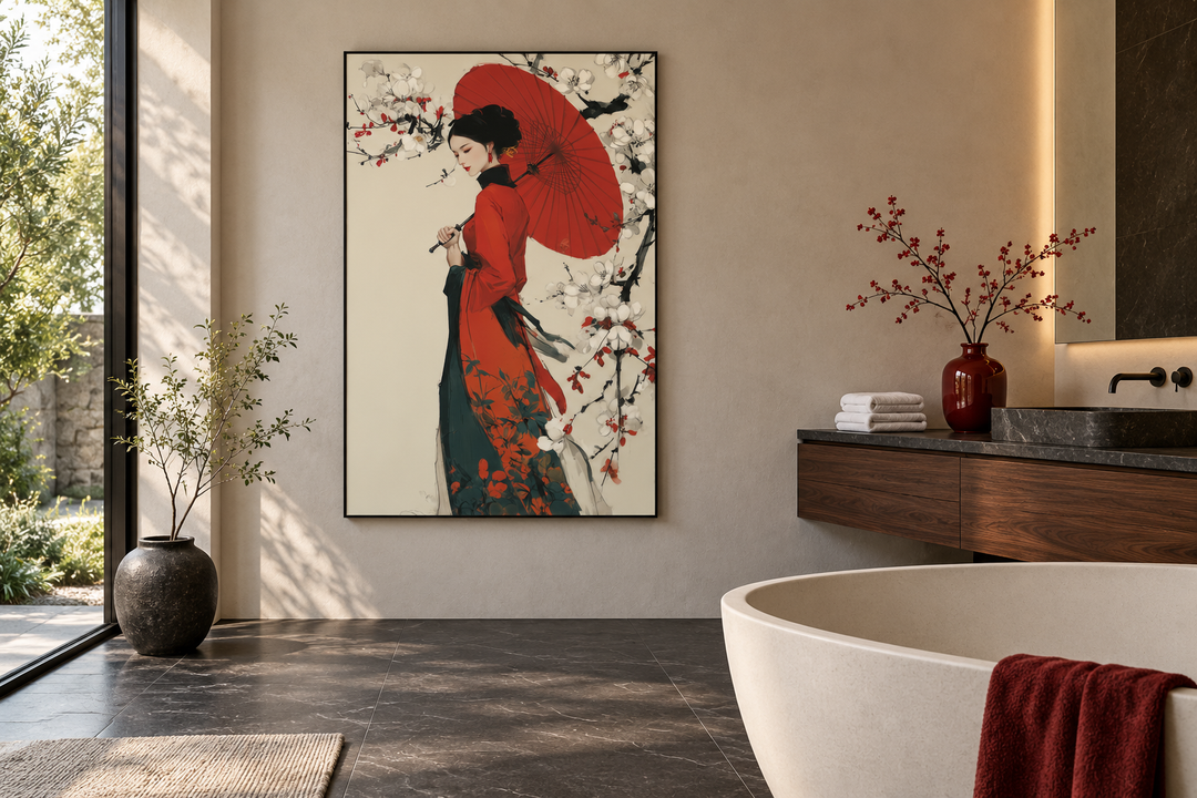 Vertical canvas print of a geisha in a red kimono with a red umbrella in a modern bathroom.