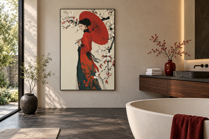 Vertical canvas print of a geisha in a red kimono with a red umbrella in a modern bathroom.
