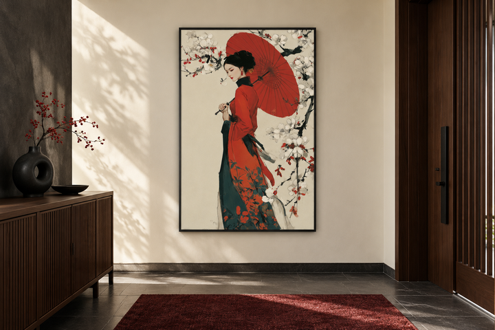 Vertical canvas print of a geisha in a red kimono with a red umbrella, styled in Ukiyo-e art.