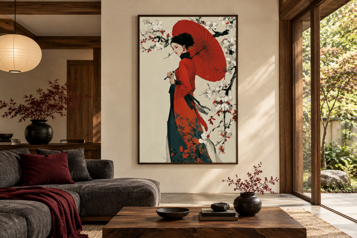 Ukiyo E Geisha wall art canvas print featuring a woman with a red umbrella in a modern living room.