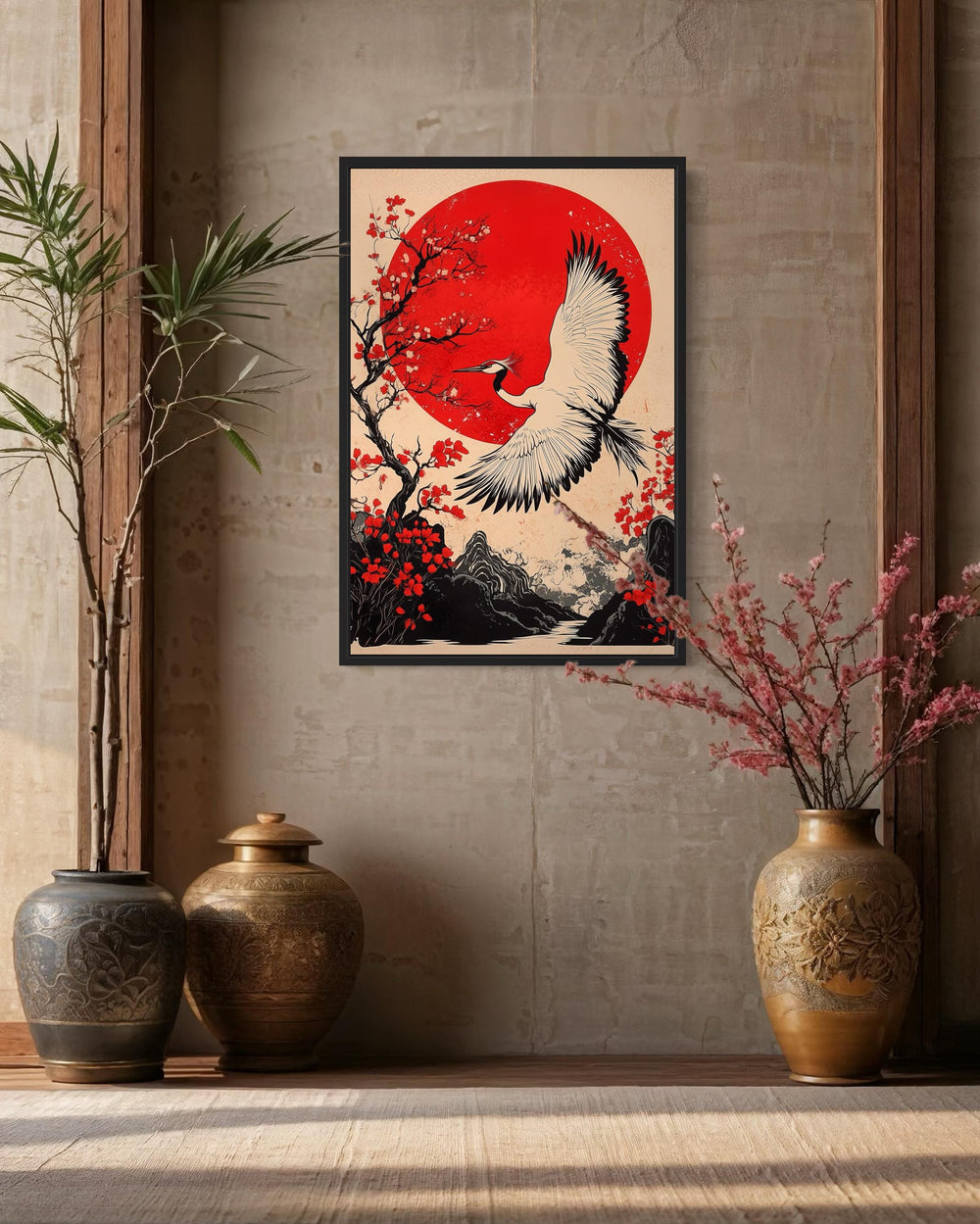 Ukiyo E Style Crane, Maple Blossom And Sun Japanese Wall Art