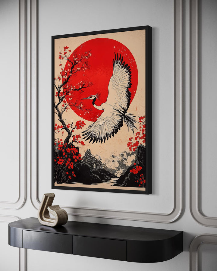 Ukiyo E Style Crane, Maple Blossom And Sun Japanese Wall Art