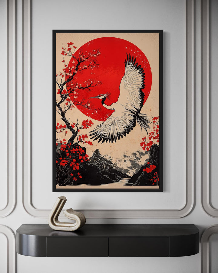 Ukiyo E Style Crane, Maple Blossom And Sun Japanese Wall Art