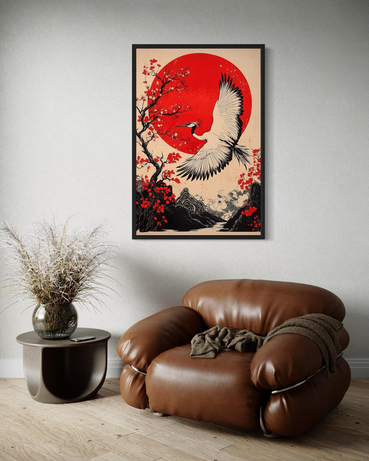 Ukiyo E Style Crane, Maple Blossom And Sun Japanese Wall Art