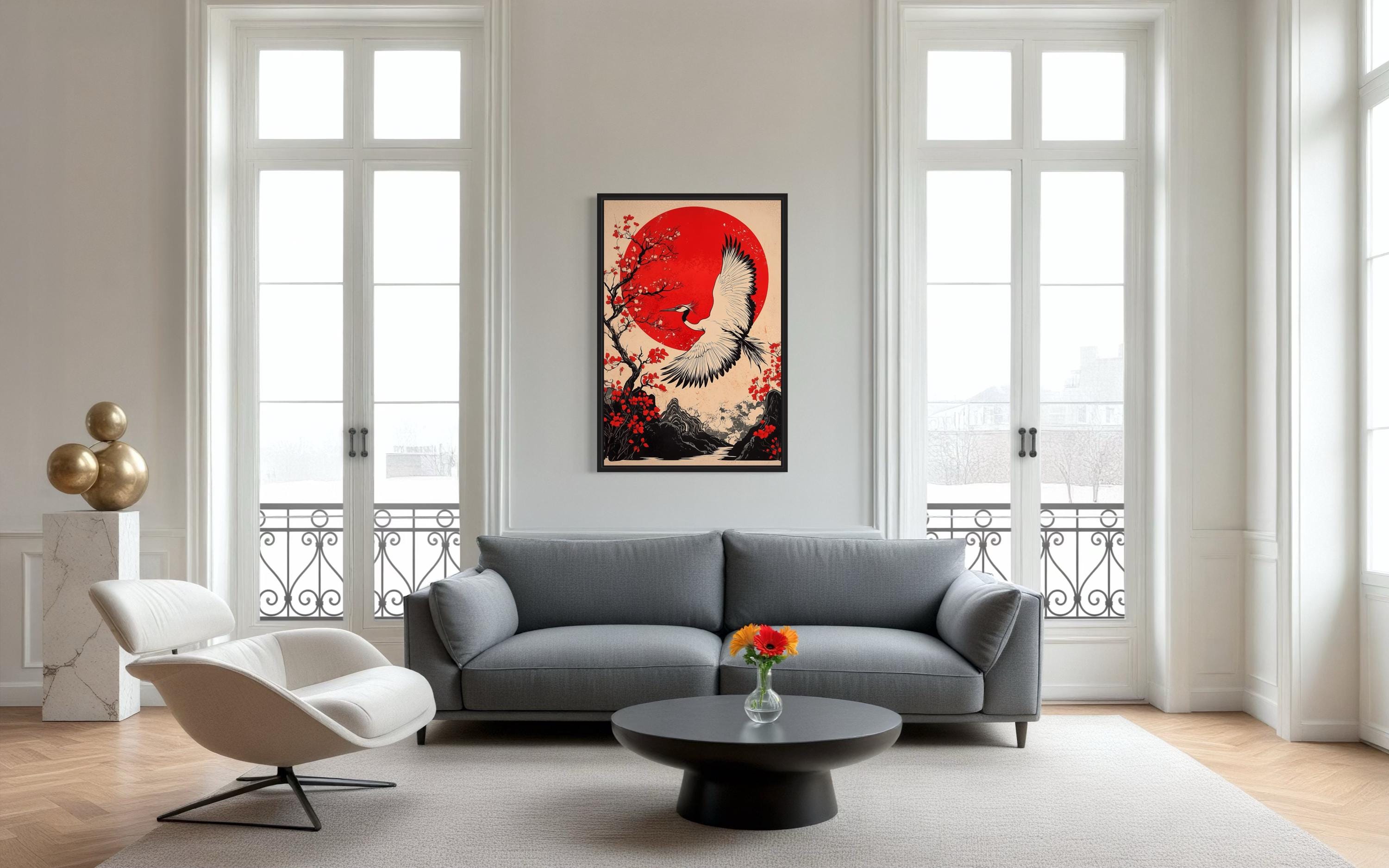 Ukiyo E Crane & Maple Blossom Japanese Wall Art | Zen Decor – Wall